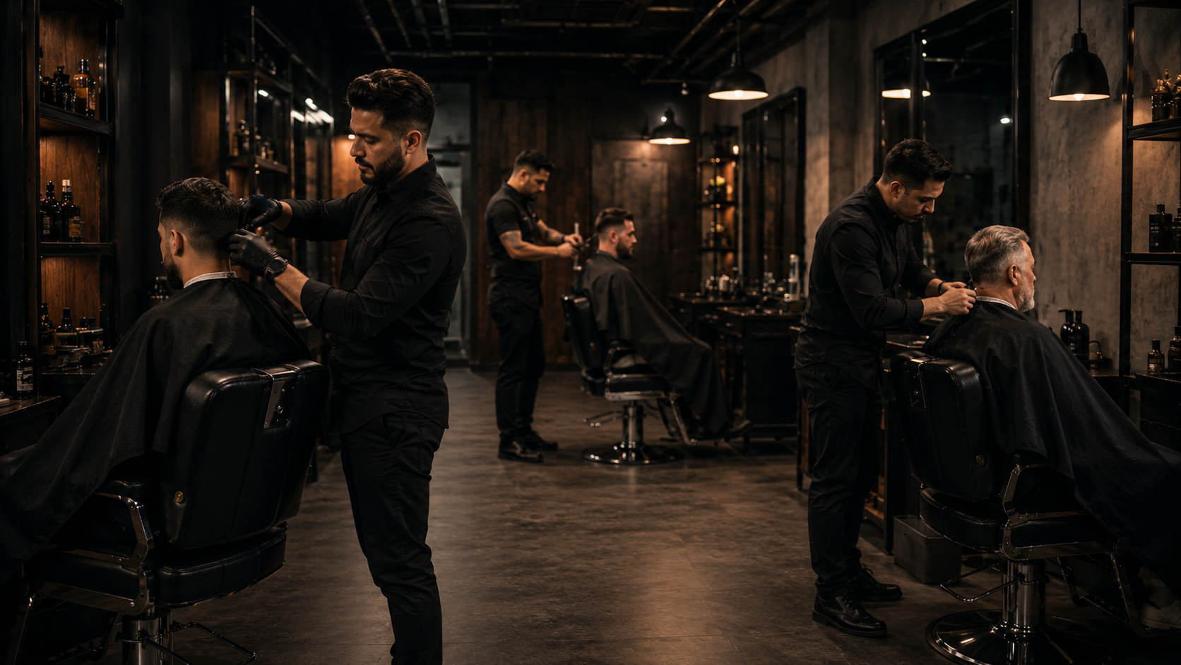 Equipe de barbearia em ação atendendo vários clientes