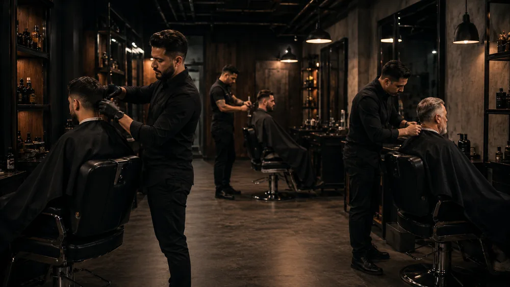 Equipe de barbearia em ação atendendo vários clientes